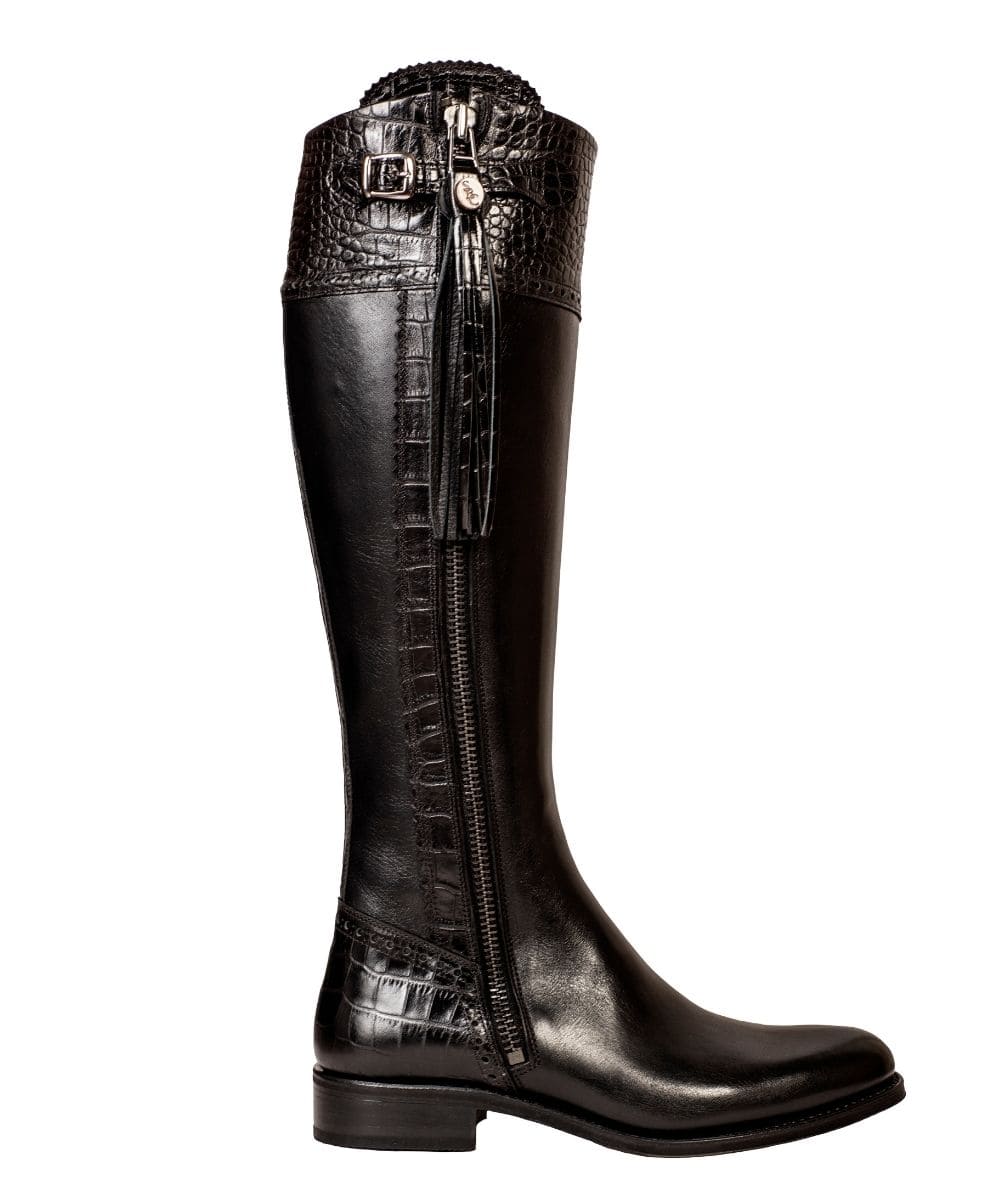 Tall Spanish Riding Boots Mock Croc Leather - Black